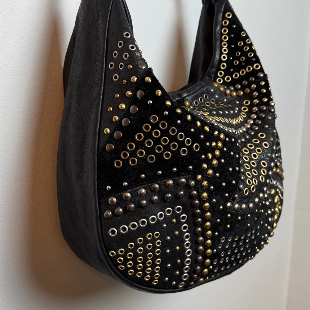Abro Italian Studded Black Leather Hobo Shoulder Bag